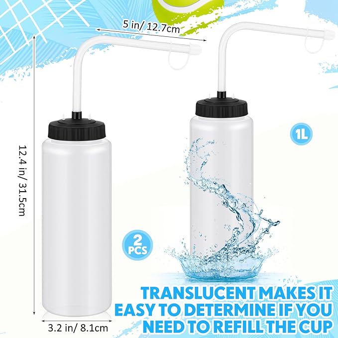Domensi 2 Pack 1 Liter Sports Water Bottle with Long Straw Hockey Lacrosse 34 Oz Water Bottle Easy Squeeze Plastic Use with Sport Helmet in Football Baseball(Translucent,No Printed)