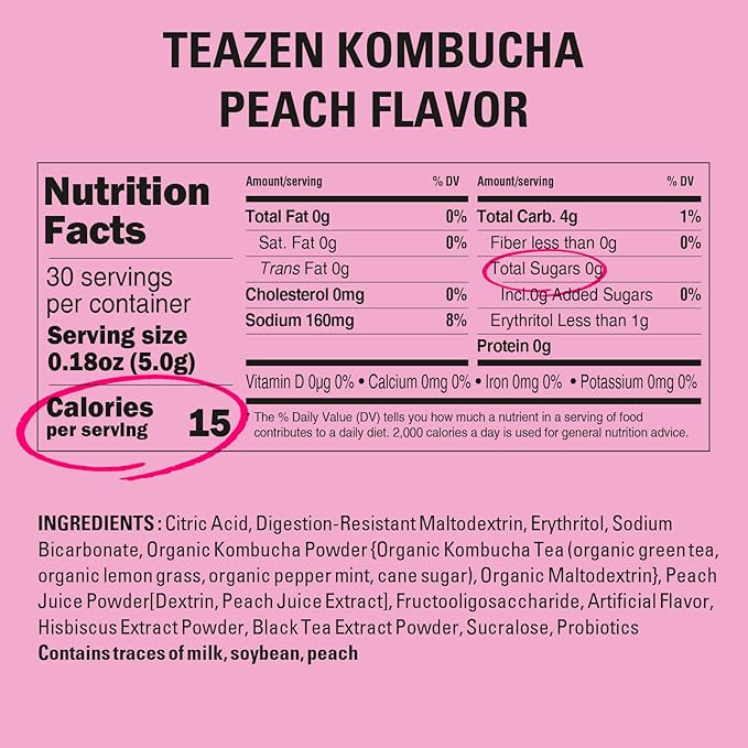 TEAZEN Peach Kombucha Tea, Hydration Drink Mix, Sugar Free, Live Probiotics & Prebiotics, 30 Sticks, 5.29oz