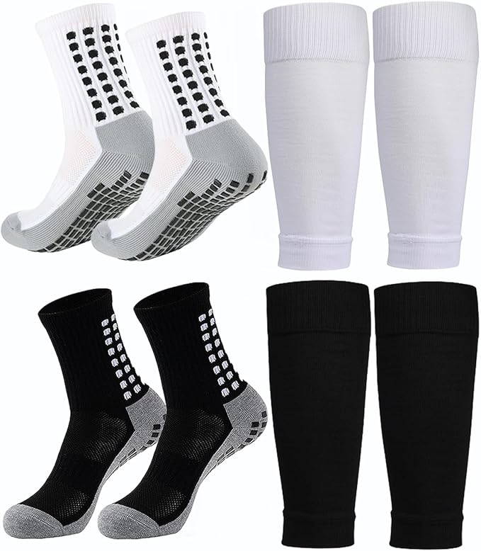 KMOLY 1 Set Soccer Grip Socks,Shin Guard Sleeves for Football Basketball for Men and Women Black/White One Size