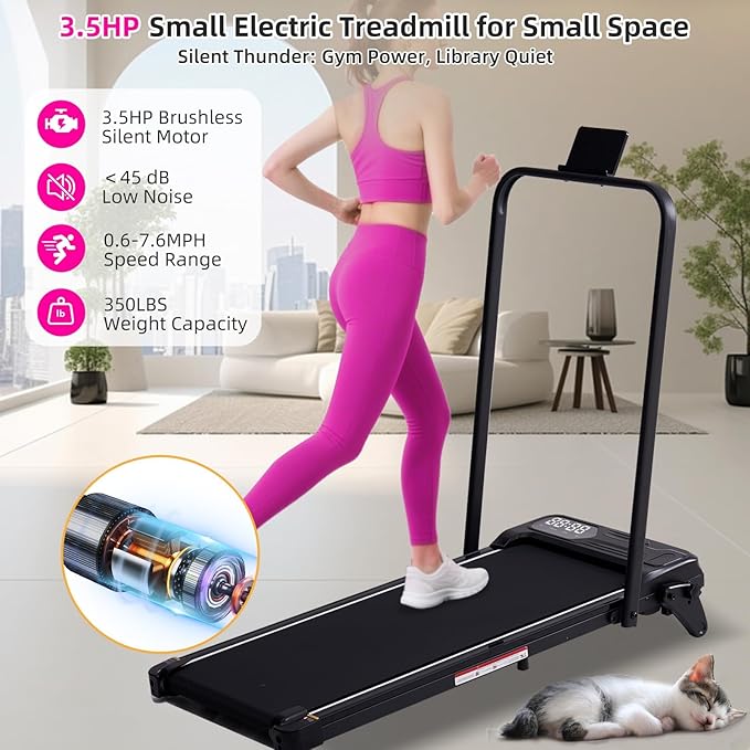 Electric Walking Pad Treadmill with Adjustable Incline and Handle Bar, 3.5HP Small PortableTreadmills for Home Office Small, 4 in 1 Folding Foldable Treadmill with Handles, 0.6-7.6MPH, 350LBS