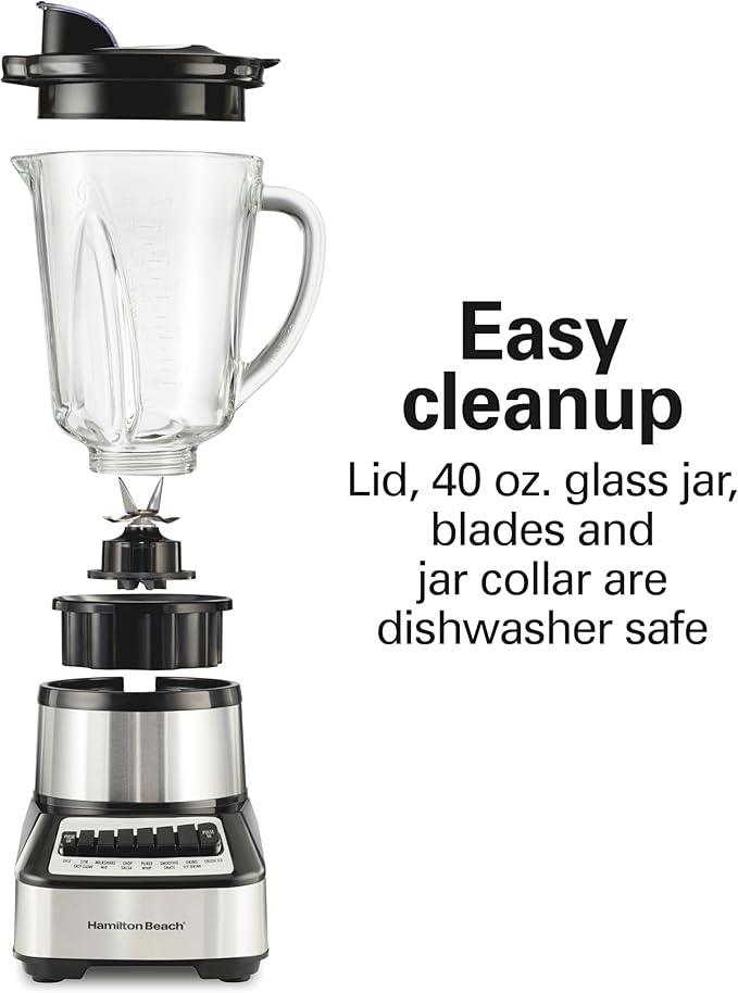 Hamilton Beach Wave Crusher Blender For Smoothies With 40 Oz Glass Jar and 14 Functions, Ice Sabre Blades & 700 Watts for Consistently Smooth Results, Black + Stainless Steel (54221)