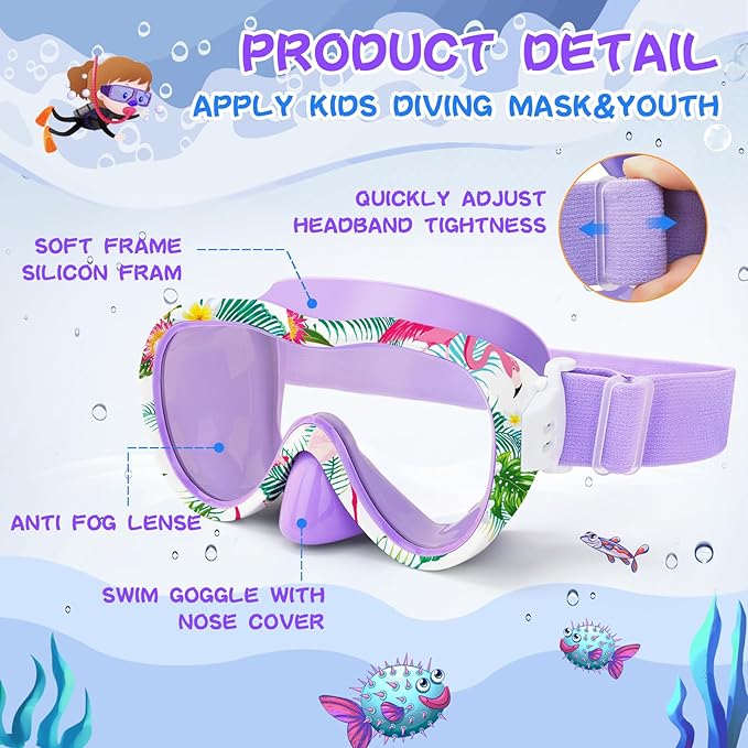 Kids Swim Goggles with Nose Cover, 180° Panoramic Snorkel Mask with Anti-Fog & Anti-Leak Design, Comfort Fabric Strap UV Protection Lens for Boys Girls Ages 3-15