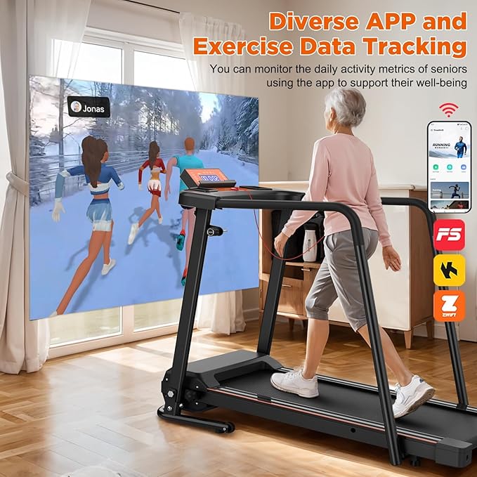 Foldable Walking Treadmill for Seniors with Long Handrails, APP Control & 3D Virtual Scenes – 3.0HP Quiet Motor, 300 lb Capacity, Shock Absorption – Ideal for Home, Office & Small Spaces