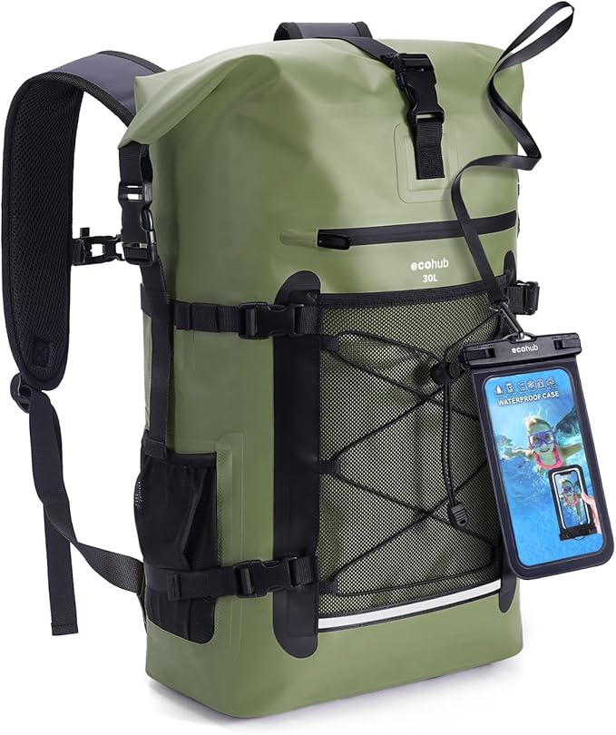 ECOHUB Waterproof Backpack for Women Men, 30L Roll-Top Closure Heavy Duty Dry Bag for Travel with IPX8 Waterproof Phone Case