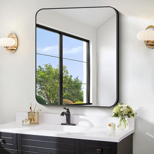FORBATH Bathroom Mirror 30" x 36", Rectangle Black Bathroom Mirror with Black Aluminum Frame Rounded Corner, Wall Mounted Mirror for Bedroom Entryway Living Room
