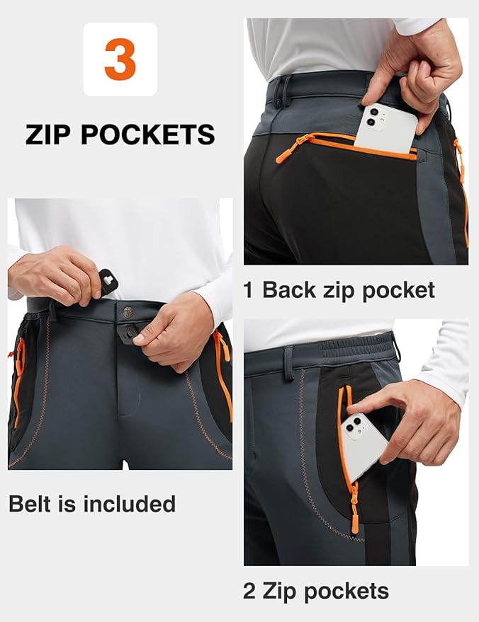 TBMPOY Men's Snow Ski Hiking Pants Waterproof Winter Fleece Lined Pants Camping Skiing Ice Fishing Pants with Belt