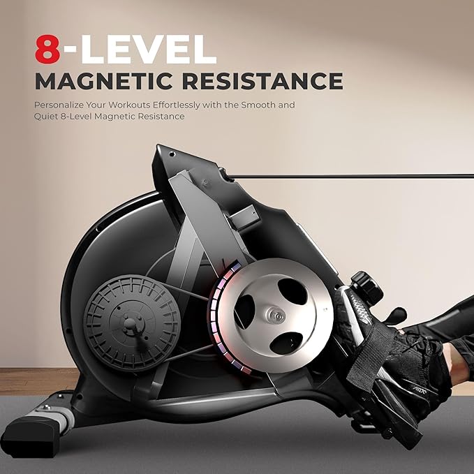 Sunny Health & Fitness Flip & Foldable Rowing Machine for Home w/Extended Slide Rail, Full-Body Workout, Low-Impact, Optional Extra Long Rail, Quiet Rail Cover, Water Motion and Free SunnyFit App