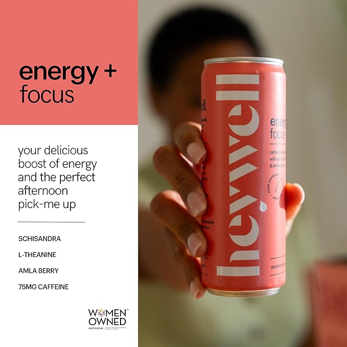 Heywell Sparkling Adaptogenic Water Energy and Focus, Strawberry Lemon Flavor 12 Fluid Ounce (Pack of 12) - Caffeinated, Organic, Non GMO, Vegan, Gluten Free, Dairy Free