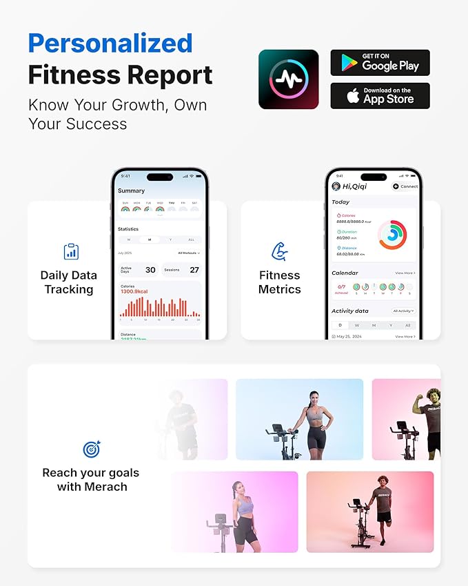 MERACH Exercise Bike, Brake Pad Stationary Bike with Exclusive App, Low Noise Indoor Cycling Bike with 300lbs Weight Capacity, Tablet Mount and Fitness Courses for Weight Loss