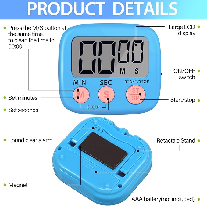 Leumoi 24 Pcs Digital Kitchen Timers Bulk Small Magnetic Timer On/Off Switch Minute Second Count up Countdown Loud Alarm for Classroom Cooking Baking(Blue)