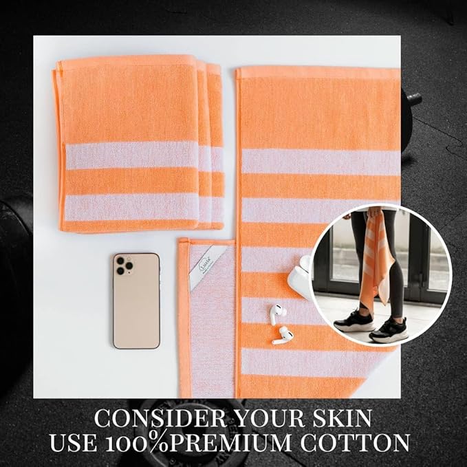 Luzia Striped Workout Towel for Sweat (Pack of 4) - Premium Quality 100% Turkish Cotton - Lightweight and Super Absorbent for Exercise, Sports, Workout, Fitness, Gym, Yoga, Running (Orange)