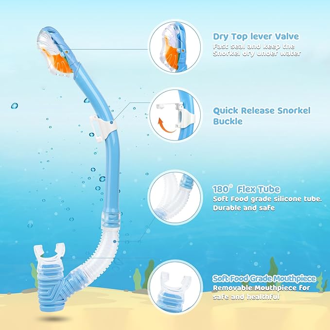 Dry Snorkel for Kids, Ultimate Snorkel Tube for Snorkeling, Freediving & Swimming, Easy-Breath Technology, Top-Mounted Dry Valve & Food-Grade Silicone Mouthpiece