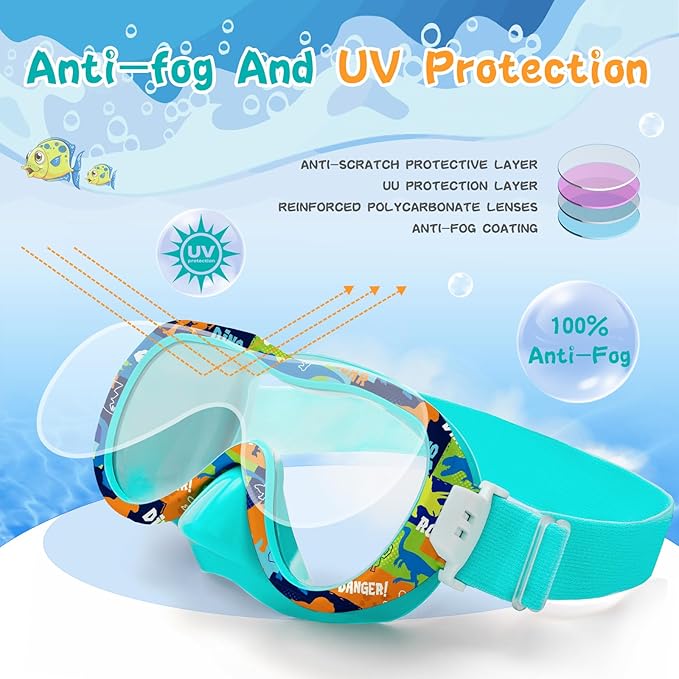 Kids Swim Goggles with Nose Cover, 180° Panoramic Snorkel Mask with Anti-Fog & Anti-Leak Design, Comfort Fabric Strap UV Protection Lens for Boys Girls Ages 3-15
