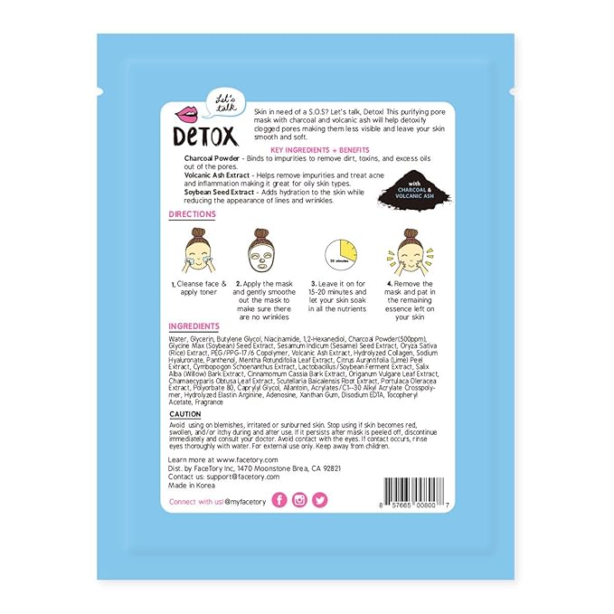 FACETORY K Beauty Face Mask Skin Care - LET'S TALK DETOX PURIFYING Sheet Mask with Charcoal & Volcanic Ash | Pore Refining Charcoal Face Mask (10 Pack)