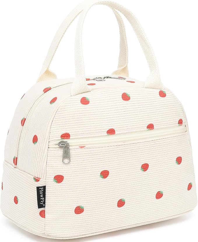 FlowFly Insulated Lunch Bag for Women – Corduroy Lunch Tote Box, Cute Cooler Bag for Work, Travel, Picnic, Corduroy Strawberries Beige