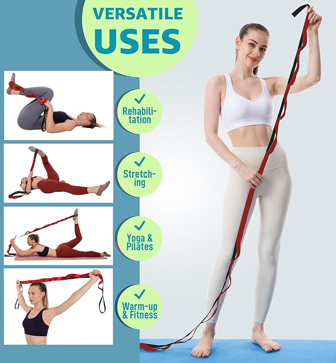 Gradient Fitness Therapy Stretching Belt, 12 Circle Multi Ring Stretching Belt (1.5 inches wide x 86.6 inches long), Therapy Equipment, Yoga Stretcher Strap,Leg Stretcher. Equipped with arch foot pads and pointed massage balls(RED)