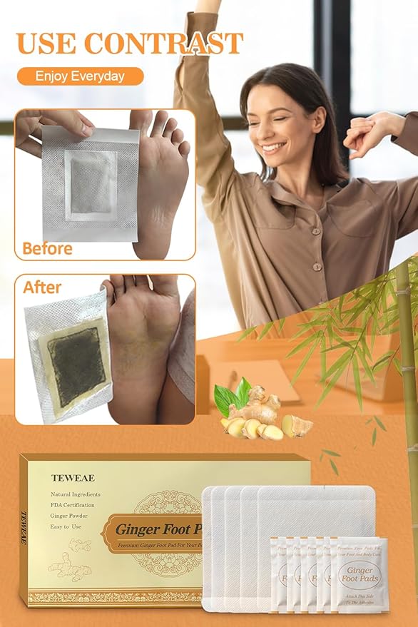 Foot Pads, Ginger FootPads, Natural Ginger Powder Bamboo Vinegar Foot Patches 20 Packs.