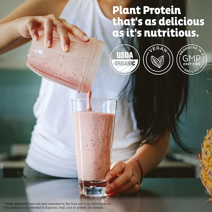 KOS Vegan Protein Powder, Strawberry and Cream Organic Pea Protein Blend, Plant Based Superfood with 12 Vitamins and Minerals, Made Without Dairy - Meal Replacement for Women & Men, 15 Servings