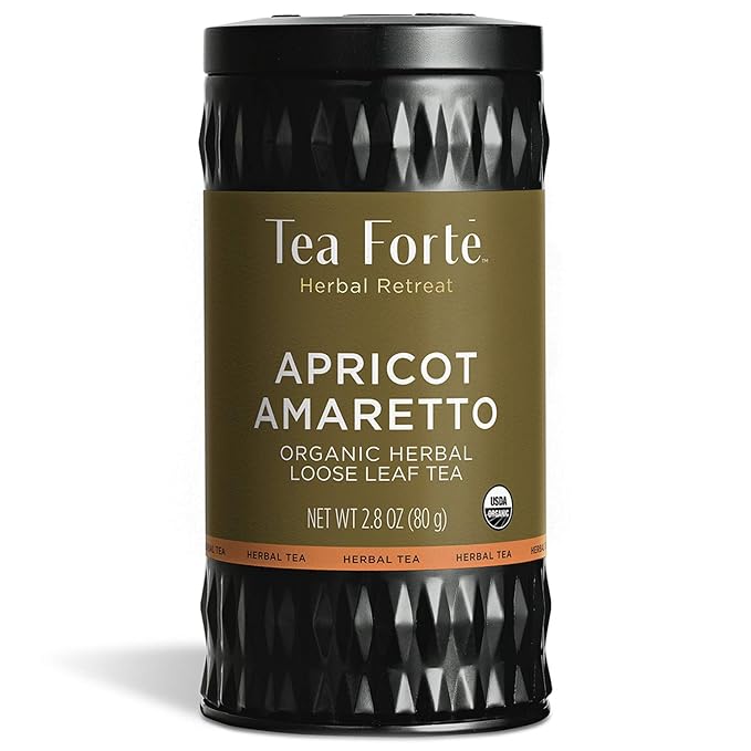 Tea Forte Apricot Amaretto Premium Organic Loose Leaf Caffeine-Free Herbal Tea Blend Canister, Makes 35-50 Cups