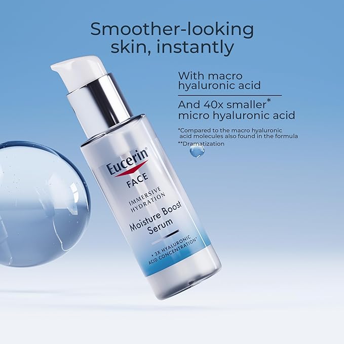 Eucerin Face Immersive Hydration Moisture Boost Face Serum, Ultra-Lightweight Hyaluronic Acid Serum Improves the Look of Fine Lines and Wrinkles, Facial Moisturizer for All Skin Types, 1 Fl Oz Bottle