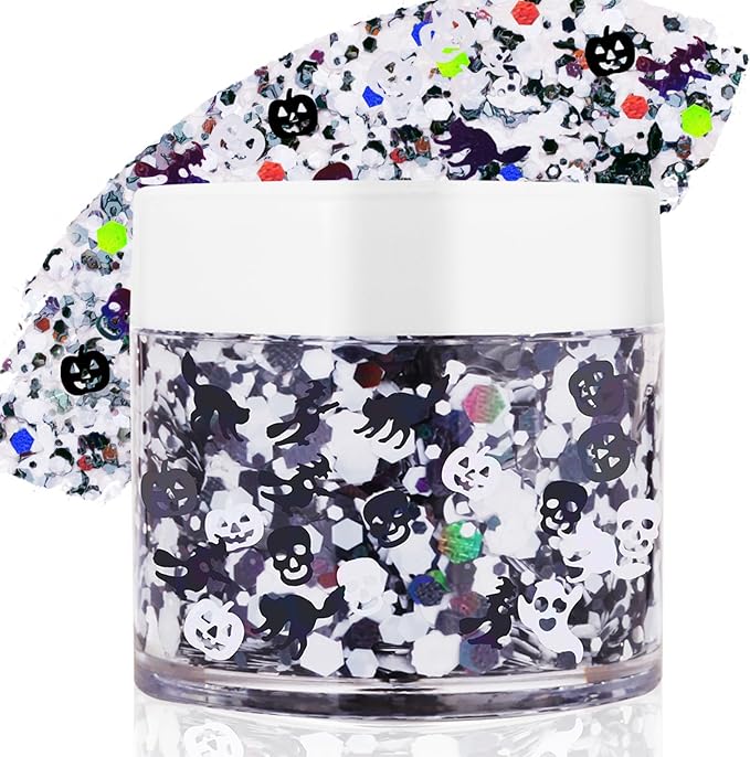 Halloween Body Glitter Gel,Black White Skull Pumpkin Professional Vibrant Music Festival Party Rave Accessories,Sparking Chunky Face Glitter Paint Makeup for Women and Kids