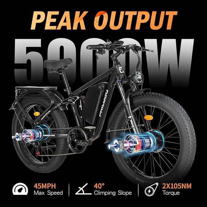 Electric Bike for Adults, 5000W Peak Dual Motor Ebike, 60V 26AH Long Range Dirtbike, 26" Fat Tires for All Terrain Electric-Bicycle, 45MPH-Hunting-Ebike for Off-Road Snow Sand