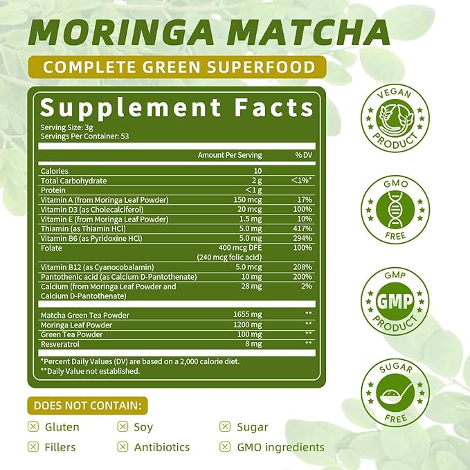 Matcha Powder with Moringa, Green Tea and Resveratrol, 4-in-1 Superfood for Energy, Immune, Digestion and Antioxidant Support, Vegan, Gluten-Free, 5.64 oz