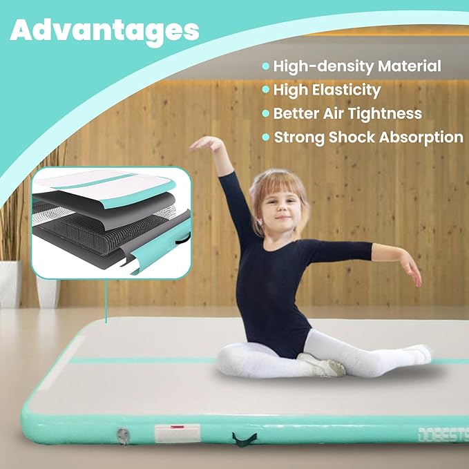 DOBESTS Inflatable Air Gymnastics Mat Tumbling Mat Tumble Track Gymnastics Training for Kids Home 6.6 feet 10 feet 13feet 16feet 20feet 4/8inch Thick for Cheerleading Dance Yoga Cheer Water With Pump