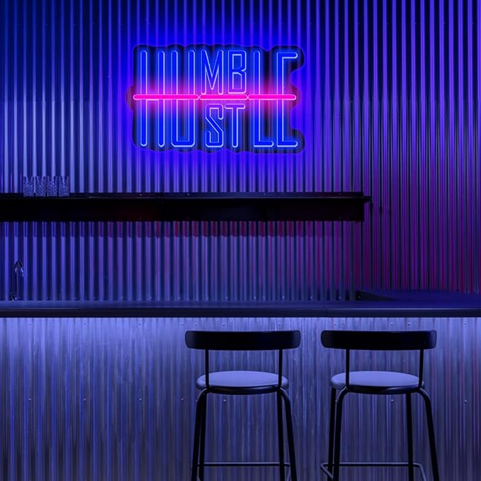 Humble&Hustle Neon Sign Light Up for Wall Decor Hustle Led Sign for Gym Small Acrylic Art Decor for Office Bedroom Decorations 16.54x9.45 inch