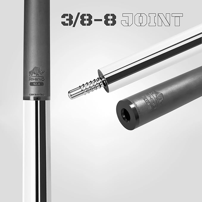 RHINO Nebula 2 Pool Cue - 100% Carbon Fiber Shaft & Composite Butt. Time Crystal Tip, Pro Taper Design, 12.4 mm,12.8 mm. 3/8-8 Joint, 3D Friction Grip. Low Deflection Pool Cue