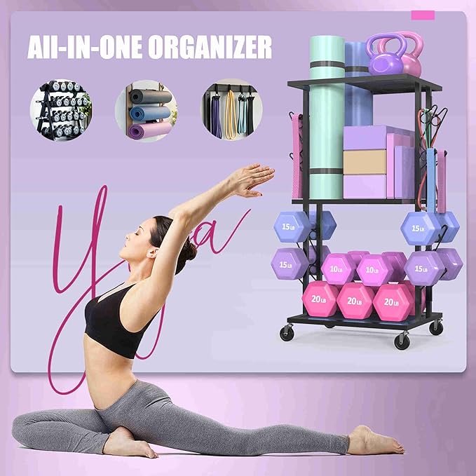 Dumbbell Rack Weight Rack for Home Gym Yoga Mat Storage Workout Equipment Organizer with Wheels
