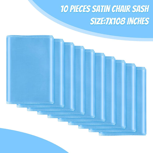 10 PCS Baby Blue Satin Chair Sashes Bows Universal Chair Ribbon Ties Back Sash for Wedding Party Reception Events Banquets Hotel Event Chair Cover Decoration (7x108 inch)