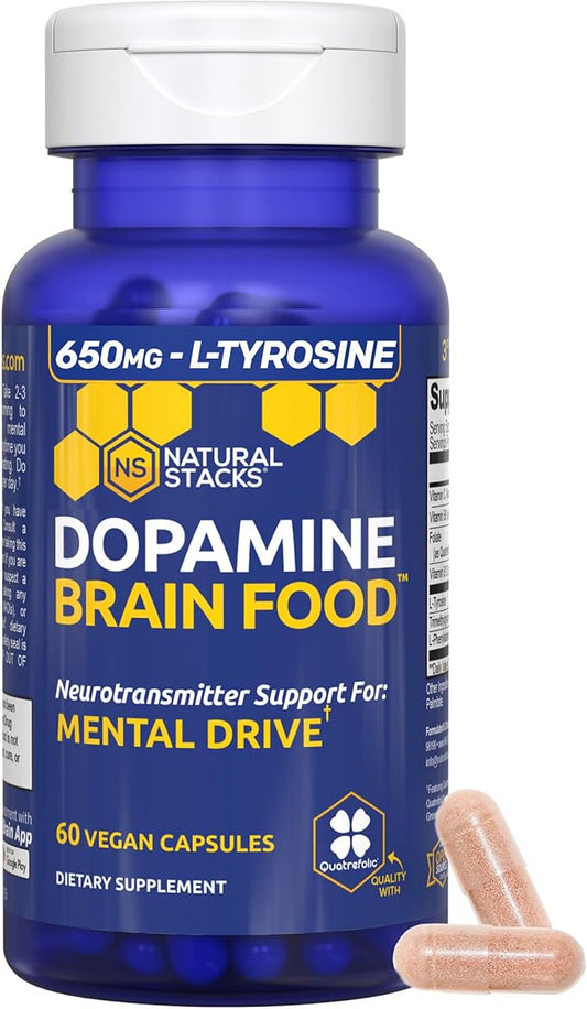 Dopamine Brain Food - 650mg L-Tyrosine Supplement - Dopamine Supplement for Focus & Mental Drive - Supports Mental Energy - Neurotransmitter Support with B Vitamins - 60 Capsules