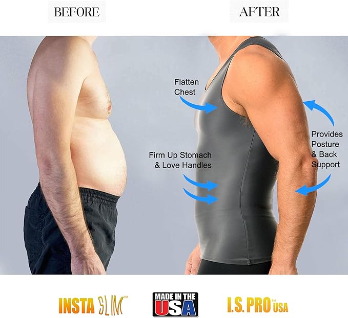 Insta Slim -Made in USA- Compression Tank-Top Shapewear for Men. Tummy Control Slimming Body-Shaper for Belly & Back Support