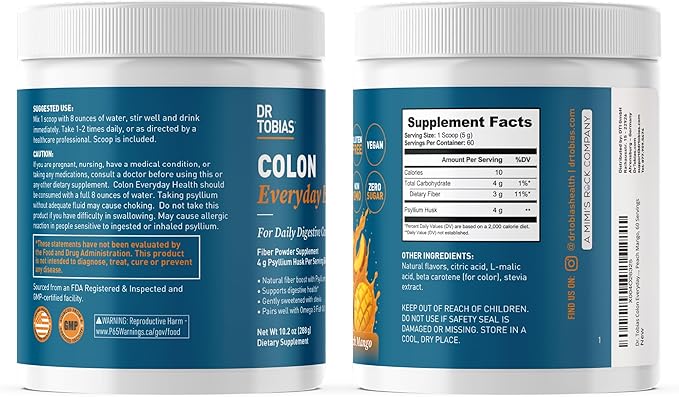 Dr. Tobias Colon Everyday Health - Gut Health for Women & Men - Psyllium Fiber Powder Drink with 4g Psyllium Husk Powder per Serving, Vegan, Gluten Free, Non-GMO, Peach Mango, 60 Servings