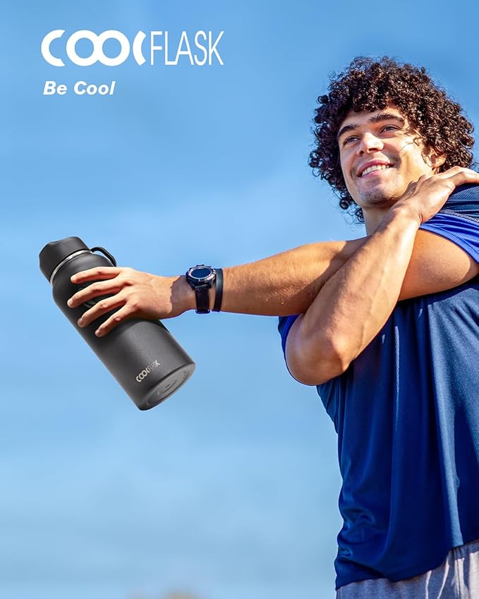 Water Bottle 32 oz Insulated with Straw, Coolflask Stainless Steel Metal 3 Lids Water Flask Wide Mouth for Sports or Office, Non-BPA Keep Cold Up to 48 Hrs or Hot Up to 24 Hrs, Magic Black