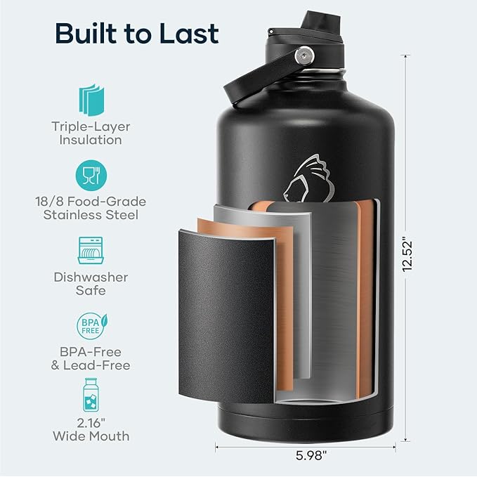 BUZIO 1 Gallon Water Jug with Straw Handle Lid, 128oz Water Bottle Stainless Steel Double Wall Hydro Jug 18/8 Food Grade Thermo Mug Keep Cold 48H & Hot 24H, Black