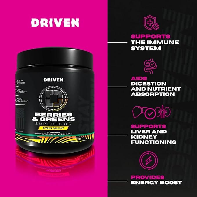 Driven B&G Berries & Greens Superfood Powder, 30 Servings - Organic Plant-Based Formula with Probiotics & Digestive Enzymes -Supports Recovery, Healthy Digestion, and Immune Function (Citrus Delight)