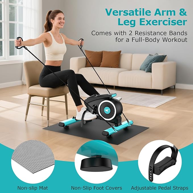 pooboo Under Desk Bike Pedal Exerciser, Quiet Magnetic Mini Exercise Bike with 16 Resistance Levels, Arm & Leg Workout, Resistance Bands & Non-Slip Mat for Home Office Therapy