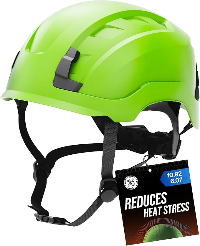 GE Safety Helmet, Impact Absorbing Tech, Adjustable Ratchet, ANSI Type 1, Memory Foam Padding, Hard Hats Protection, Lightweight, Durable, Chin Strap, Comfortable Fit OSHA Approved