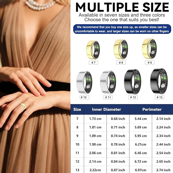 Smart Rings for Women Men,Fitness Tracker Ring,Heart Rate,Blood Oxygen,Blood Pressure,Step Tracker,Sleep Monitoring,No Subscription Fee,IP68 Waterproof Smart Ring for iPhone&Android(Gold 7)