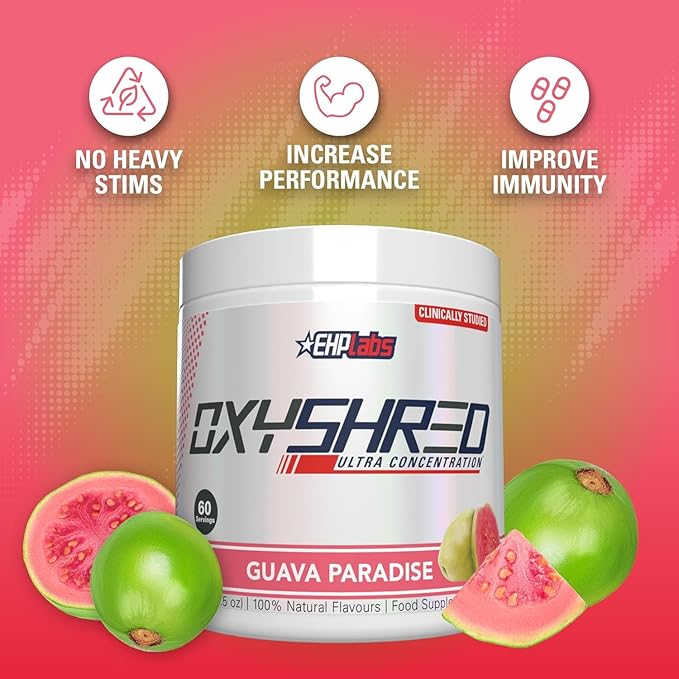 EHP Labs OxyShred Pre Workout Powder & Shredding Supplement - Preworkout Powder with L Glutamine & Acetyl L Carnitine, Energy Boost Drink - Guava Paradise, 60 Servings