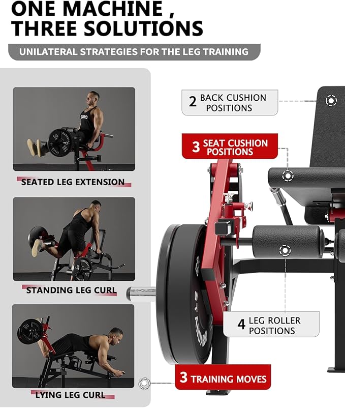 GMWD Leg Extension and Curl Machine, Single Leg Extension, Lying Leg Curl, Standing Leg Curl, Adjustable Leg Exercise Bench with Plate Loaded, Leg Machine Home Gym, Red
