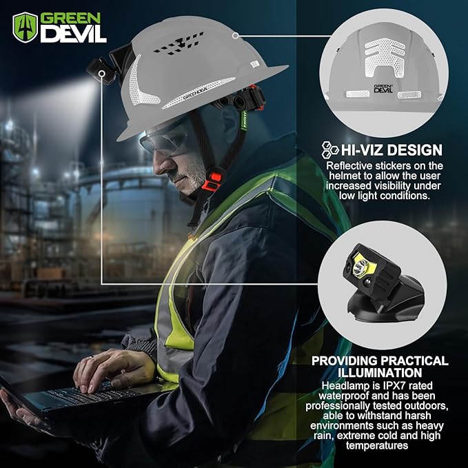 GREEN DEVIL Matrix Full Brim Hard Hat with Headlight Vented Construction Safety Helmet OSHA Approved Cascos De Construccion Work Hardhat for Men&Women