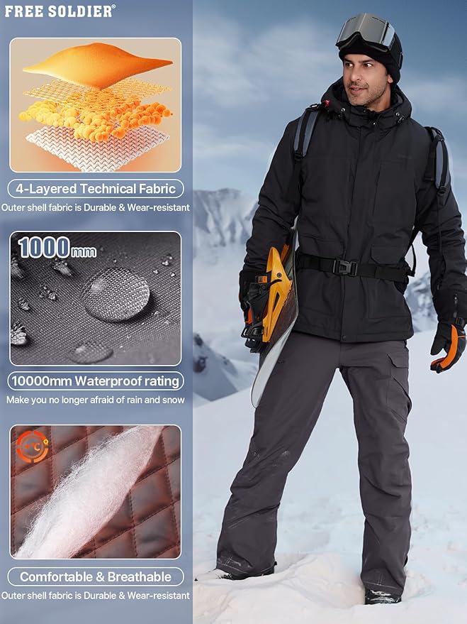FREE SOLDIER Men's Waterproof Snow Insulated Pants Winter Skiing Snowboarding Pants with Zipper Pockets