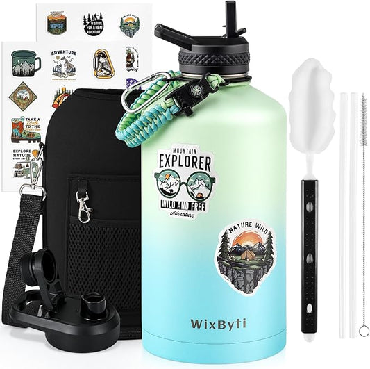 One Gallon Water Bottle Insulated, Triple Wall Vacuum Cold for 48 Hrs & Leak-proof & Non-BPA, 128oz Large Sports Stainless Steel Water Jug with Paracord Handle Straw Spout Lids & DIY Stickers