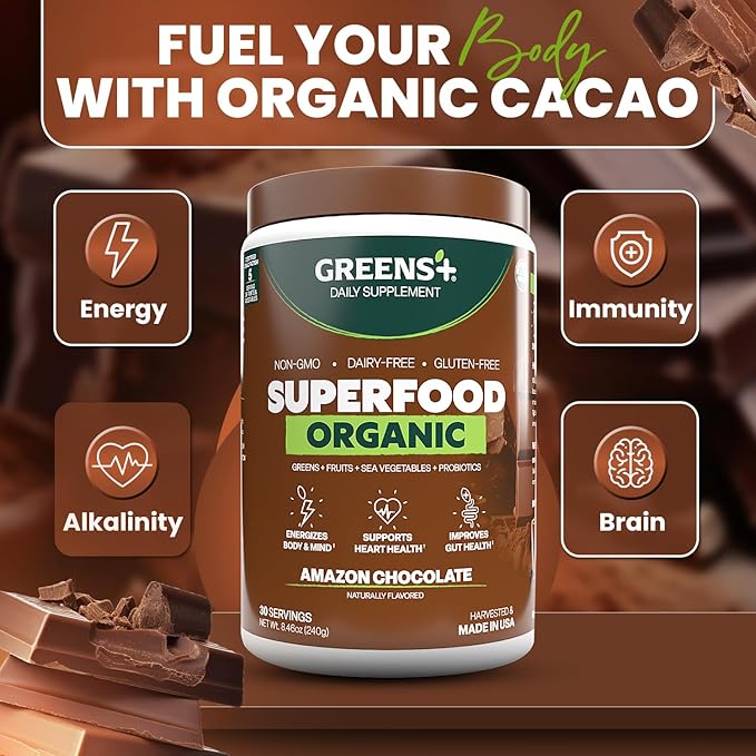 Greens+ Plus Organic Superfood Amazon Chocolate, Boost Energy, Essential Blend of Raw Foods, Non GMO, Gluten Free, USDA Organic and Vegan Powder, 8.46 oz