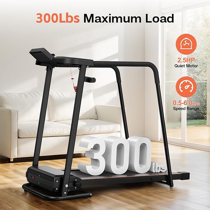 Foldable Walking Treadmill for Seniors with Long Handrails, APP Control & 3D Virtual Scenes – 3.0HP Quiet Motor, 300 lb Capacity, Shock Absorption – Ideal for Home, Office & Small Spaces