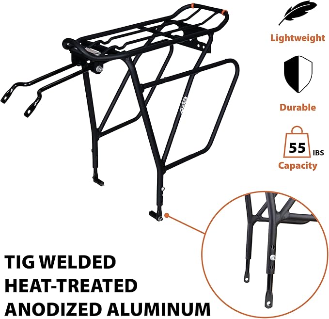 Ibera Bike Rack - Bicycle Touring Carrier Plus+ for Disc Brake/Non-Disc Brake Mount, Fat Tire Bikes, Frame-Mounted for Heavier Top & Side Loads, Height Adjustable for 26"-29" Frames
