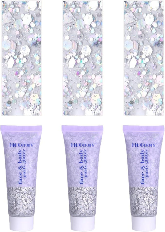 Face Body Glitter, Hair Glitter Sparkles Chunky Face Glitter Gel for Girls Makeup Singer Concerts Mermaid Festival Sequins Face Paint (3pc Silver)